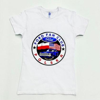 T-shirt damski ‘Ford Fan Club Polska’ wersja koło – biały