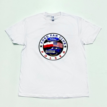 T-shirt męski ‘Ford Fan Club Polska’ wersja koło – biały