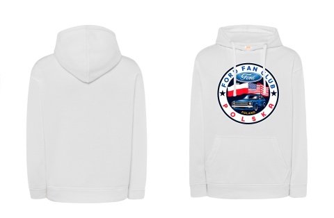 bluza męska z kapturem ‘Ford Fan Club Polska’ wersja koło – biała